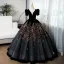 Elegant Black Sequins Prom Dresses 2024 Ball Gown V-Neck Short Sleeve Backless Floor-Length / Long Prom Formal Dresses