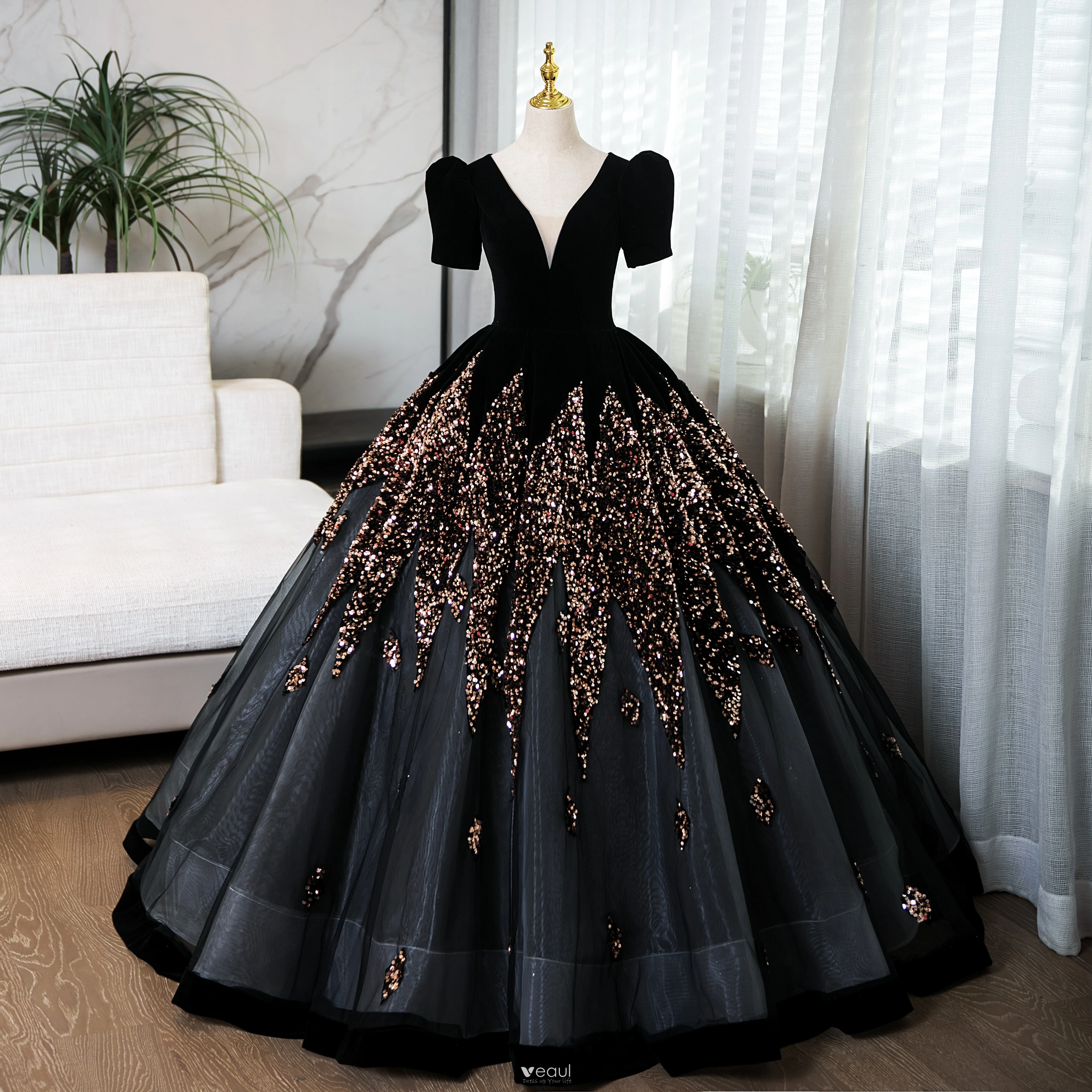 black sequins prom dress Black Rhinestone Sequin Mermaid Long Train Prom Dress main image 1