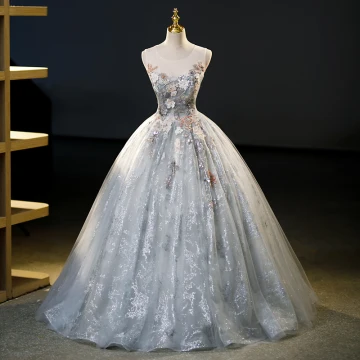 Elegant Grey Glitter Beading Rhinestone Pearl 3d Lace Prom Dresses 2023 Ball Gown Scoop Neck Sleeveless Backless Floor Length Long Prom