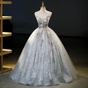 Elegante Grau Glanz Perlenstickerei Strass Perle 3 D Spitze Ballkleider 2023 Ballkleid Rundhalsausschnitt Ärmellos Rückenfreies Lange Ball