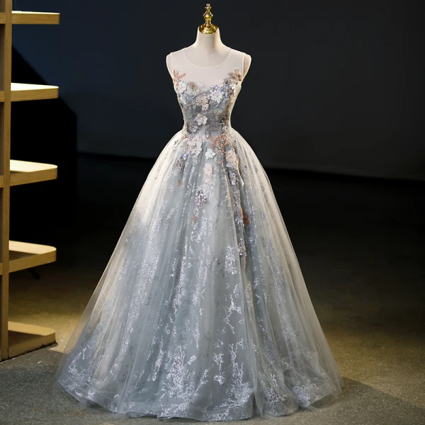 Elegant Grey Glitter Beading Rhinestone Pearl 3D Lace Prom Dresses 2023 Ball Gown Scoop Neck Sleeveless Backless Floor-Length / Long Prom