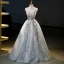 Elegant Grey Glitter Beading Rhinestone Pearl 3D Lace Prom Dresses 2023 Ball Gown Scoop Neck Sleeveless Backless Floor-Length / Long Prom