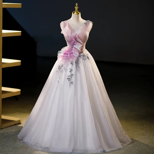 Chic / Beautiful Blushing Pink Pearl Lace Flower Laser Appliques Sequins Prom Dresses 2023 Ball Gown V-Neck Sleeveless Backless Floor-Length / Long Prom Formal Dresses