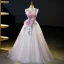 Chic / Beautiful Blushing Pink Pearl Lace Flower Laser Appliques Sequins Prom Dresses 2023 Ball Gown V-Neck Sleeveless Backless Floor-Length / Long Prom Formal Dresses
