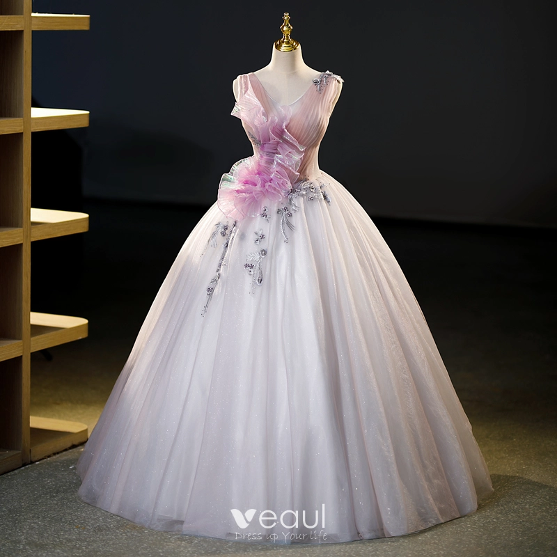 Pink Tulle V Neck Backless Flower Prom Dress