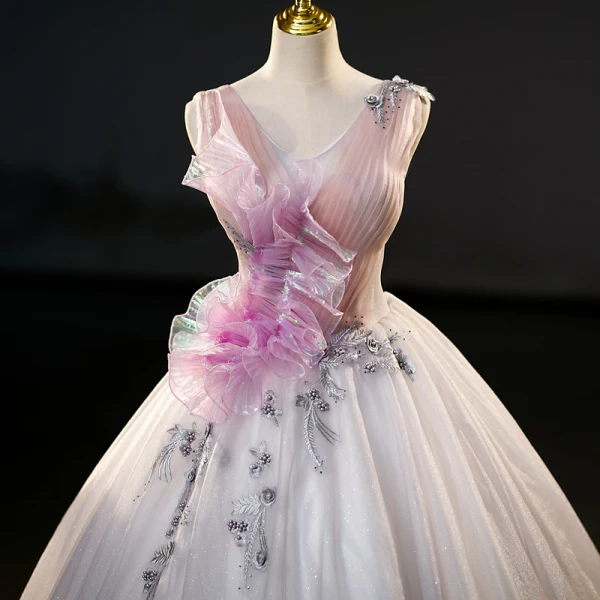 Chic / Beautiful Blushing Pink Pearl Lace Flower Laser Appliques Sequins Prom Dresses 2023 Ball Gown V-Neck Sleeveless Backless Floor-Length / Long Prom Formal Dresses
