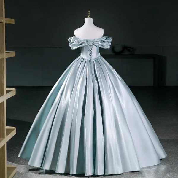 Élégant Vert Citron Satin Robe De Bal 2026 Robe Boule De l'épaule Manches Courtes Dos Nu Longue Robe De Ceremonie