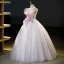 Chic / Beautiful Blushing Pink Pearl Lace Flower Laser Appliques Sequins Prom Dresses 2023 Ball Gown V-Neck Sleeveless Backless Floor-Length / Long Prom Formal Dresses