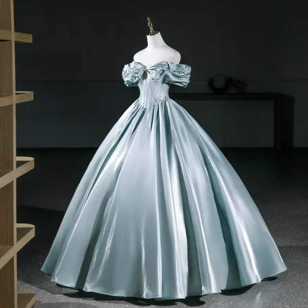 Élégant Vert Citron Satin Robe De Bal 2026 Robe Boule De l'épaule Manches Courtes Dos Nu Longue Robe De Ceremonie