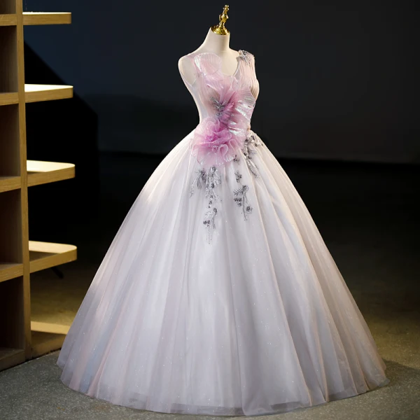 Chic / Beautiful Blushing Pink Pearl Lace Flower Laser Appliques Sequins Prom Dresses 2023 Ball Gown V-Neck Sleeveless Backless Floor-Length / Long Prom Formal Dresses