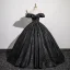 Vintage / Retro Black Glitter Prom Dresses 2024 Ball Gown Off-The-Shoulder Short Sleeve Backless Floor-Length / Long Prom Formal Dresses