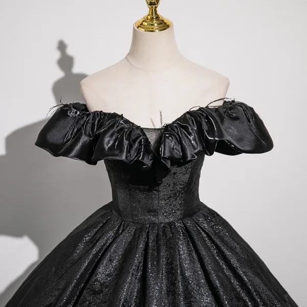 Vintage / Retro Black Glitter Prom Dresses 2024 Ball Gown Off-The-Shoulder Short Sleeve Backless Floor-Length / Long Prom Formal Dresses