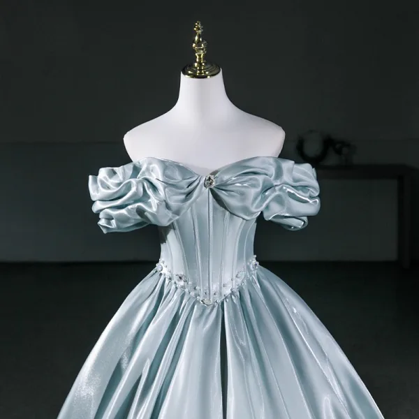 Élégant Vert Citron Satin Robe De Bal 2026 Robe Boule De l'épaule Manches Courtes Dos Nu Longue Robe De Ceremonie