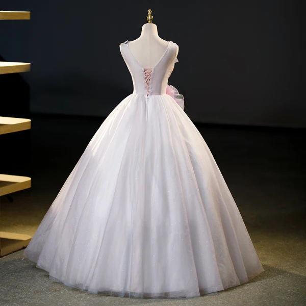 Chic / Beautiful Blushing Pink Pearl Lace Flower Laser Appliques Sequins Prom Dresses 2023 Ball Gown V-Neck Sleeveless Backless Floor-Length / Long Prom Formal Dresses