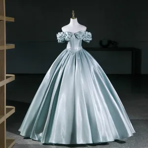 Élégant Vert Citron Satin Robe De Bal 2026 Robe Boule De L Épaule Manches Courtes Dos Nu Longue Robe De Ceremonie