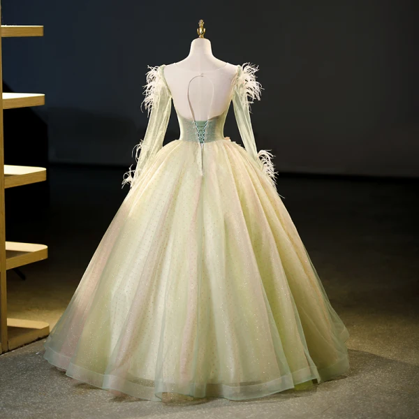 Chic / Beautiful Sage Green Appliques Beading Sequins Tassel Prom Dresses 2023 Ball Gown Scoop Neck Long Sleeve Backless Floor-Length / Long Prom Formal Dresses