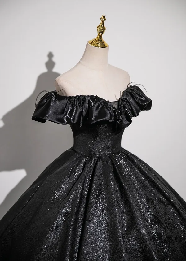 Vintage / Retro Black Glitter Prom Dresses 2024 Ball Gown Off-The-Shoulder Short Sleeve Backless Floor-Length / Long Prom Formal Dresses