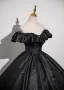 Vintage / Retro Black Glitter Prom Dresses 2024 Ball Gown Off-The-Shoulder Short Sleeve Backless Floor-Length / Long Prom Formal Dresses