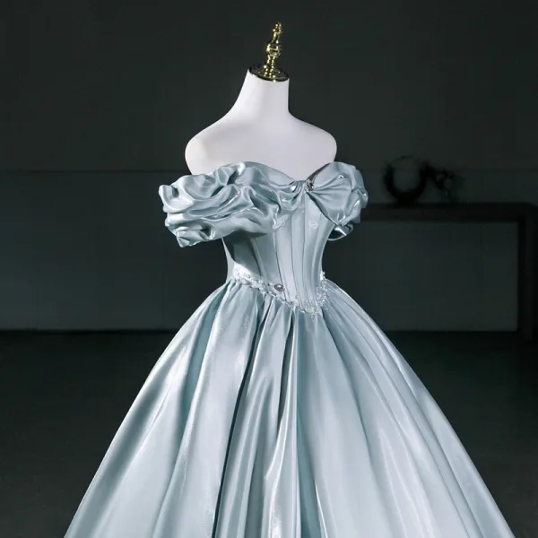 Élégant Vert Citron Satin Robe De Bal 2026 Robe Boule De l'épaule Manches Courtes Dos Nu Longue Robe De Ceremonie