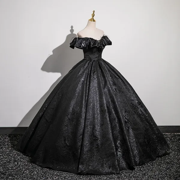Vintage / Retro Black Glitter Prom Dresses 2024 Ball Gown Off-The-Shoulder Short Sleeve Backless Floor-Length / Long Prom Formal Dresses