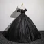 Vintage / Retro Black Glitter Prom Dresses 2024 Ball Gown Off-The-Shoulder Short Sleeve Backless Floor-Length / Long Prom Formal Dresses