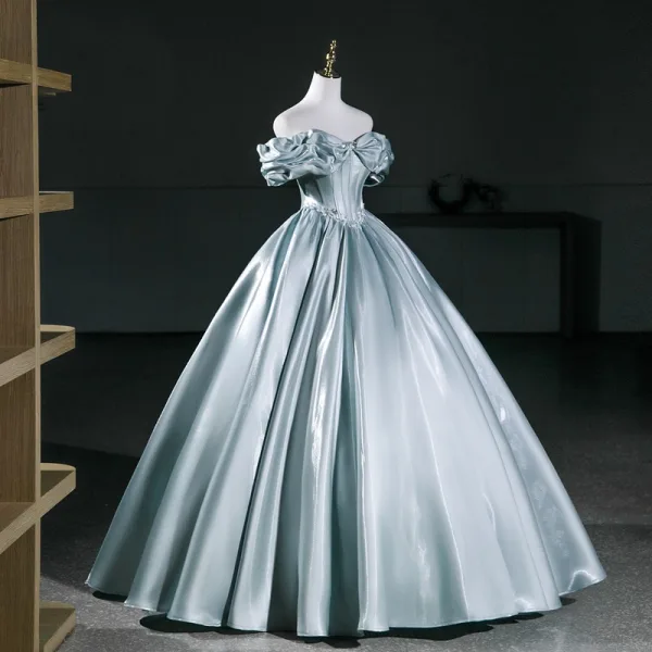 Élégant Vert Citron Satin Robe De Bal 2026 Robe Boule De l'épaule Manches Courtes Dos Nu Longue Robe De Ceremonie