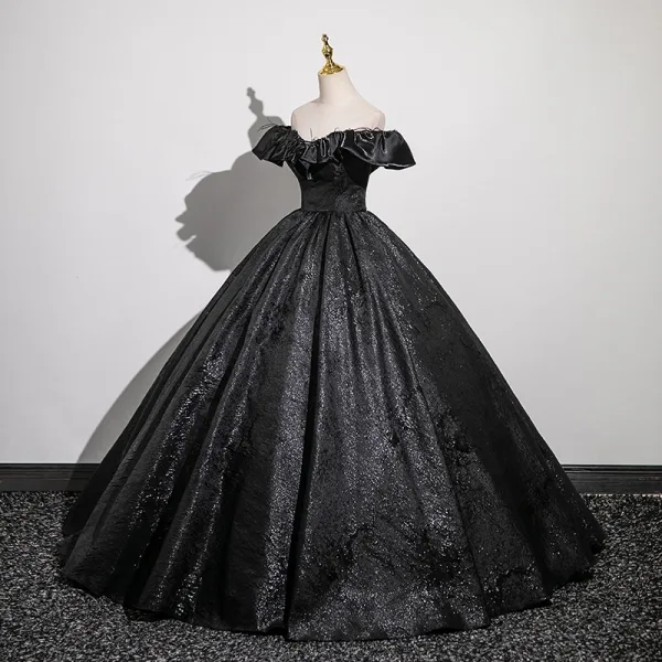 Vintage / Retro Black Glitter Prom Dresses 2024 Ball Gown Off-The-Shoulder Short Sleeve Backless Floor-Length / Long Prom Formal Dresses