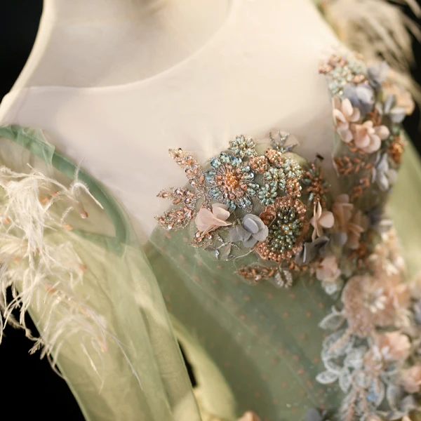 Chic / Beautiful Sage Green Appliques Beading Sequins Tassel Prom Dresses 2023 Ball Gown Scoop Neck Long Sleeve Backless Floor-Length / Long Prom Formal Dresses