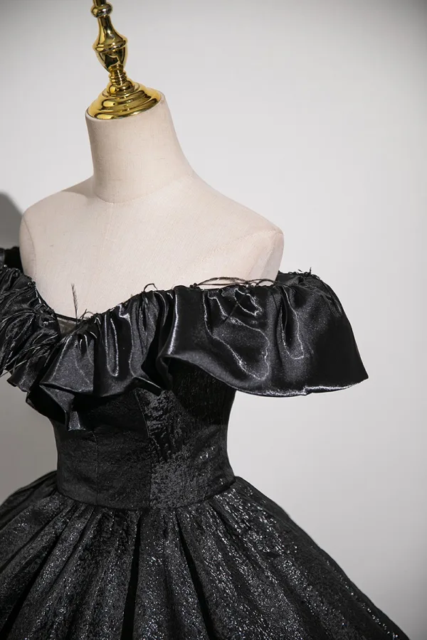 Vintage / Retro Black Glitter Prom Dresses 2024 Ball Gown Off-The-Shoulder Short Sleeve Backless Floor-Length / Long Prom Formal Dresses