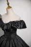 Vintage / Retro Black Glitter Prom Dresses 2024 Ball Gown Off-The-Shoulder Short Sleeve Backless Floor-Length / Long Prom Formal Dresses