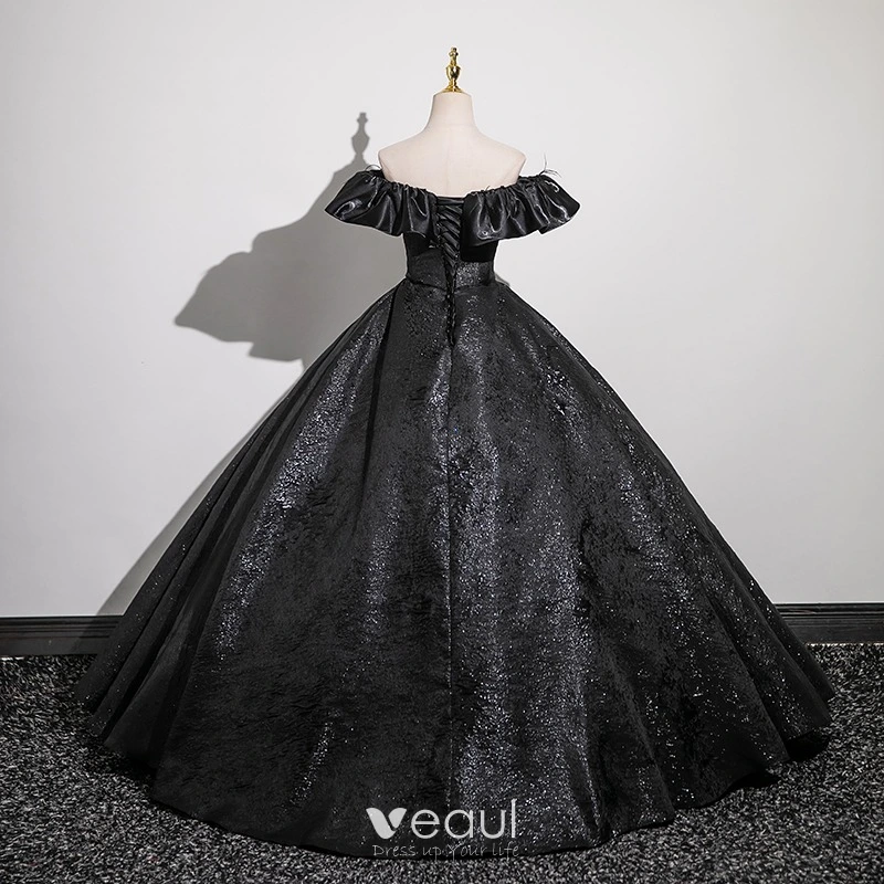 Princess Black Gown For Kids Vintage Retro Black Glitter Prom Dresses 2024 Ball  Gown Off-The-