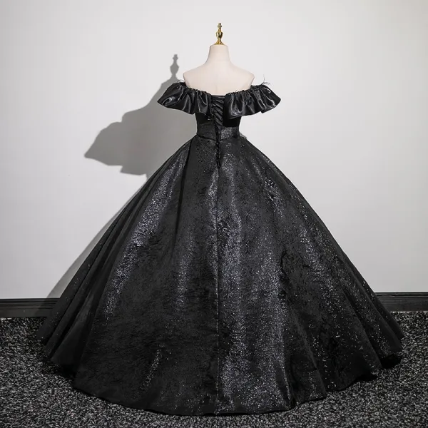 Vintage / Retro Black Glitter Prom Dresses 2024 Ball Gown Off-The-Shoulder Short Sleeve Backless Floor-Length / Long Prom Formal Dresses