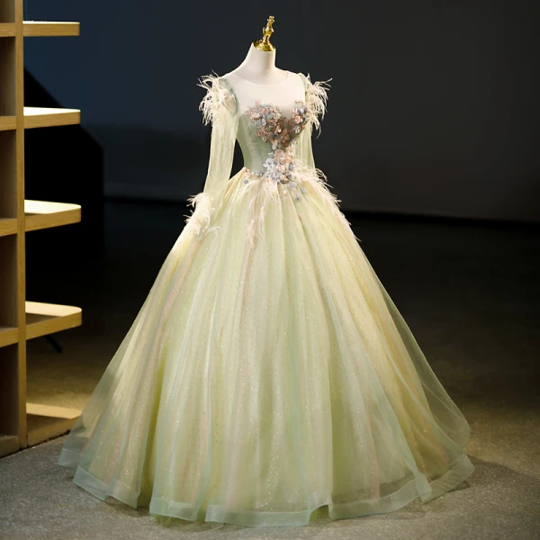 Chic / Beautiful Sage Green Appliques Beading Sequins Tassel Prom Dresses 2023 Ball Gown Scoop Neck Long Sleeve Backless Floor-Length / Long Prom Formal Dresses