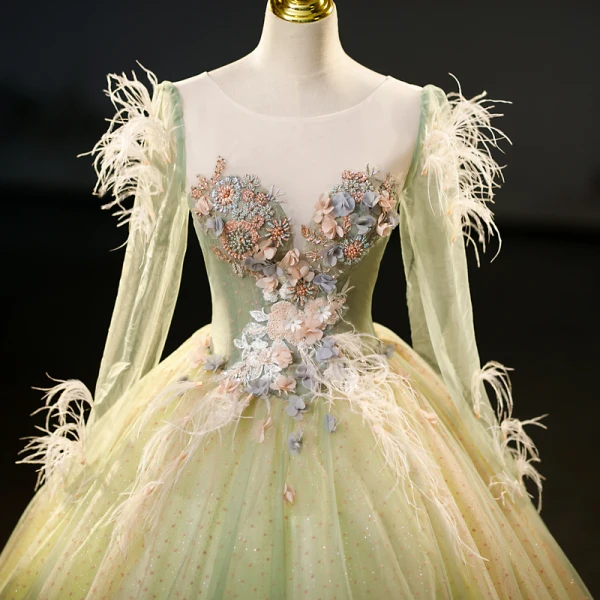 Chic / Beautiful Sage Green Appliques Beading Sequins Tassel Prom Dresses 2023 Ball Gown Scoop Neck Long Sleeve Backless Floor-Length / Long Prom Formal Dresses