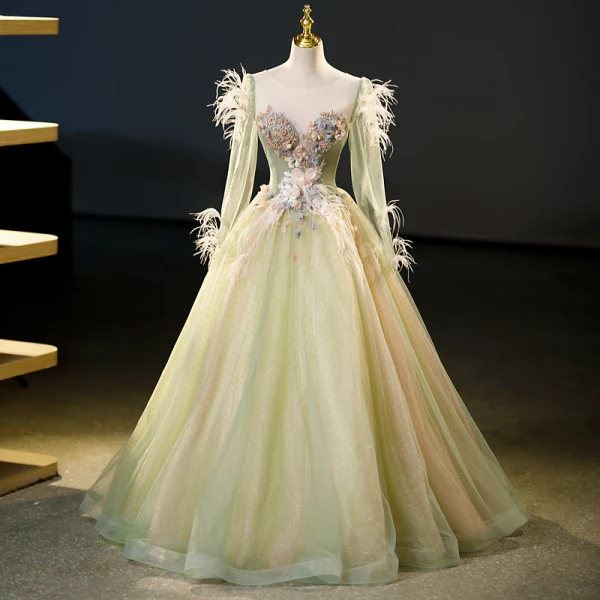 Chic / Beautiful Sage Green Appliques Beading Sequins Tassel Prom Dresses 2023 Ball Gown Scoop Neck Long Sleeve Backless Floor-Length / Long Prom Formal Dresses