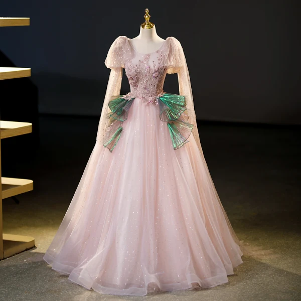Schöne Rosa Glanz Pailletten Spitze Blumen Ballkleider 2023 Ballkleid Rundhalsausschnitt Lange Ärmel Rückenfreies Lange Ball Festliche Kleider