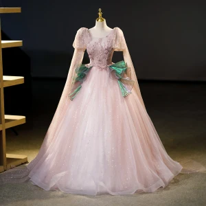 Chic Beautiful Blushing Pink Glitter Sequins Lace Flower Prom Dresses 2023 Ball Gown Scoop Neck Long Sleeve Backless Floor Length Long Prom Formal Dresses