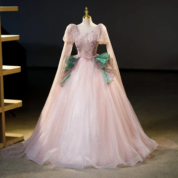 Chic Beautiful Blushing Pink Glitter Sequins Lace Flower Prom Dresses 2023 Ball Gown Scoop Neck Long Sleeve Backless Floor Length Long Prom Formal Dresses