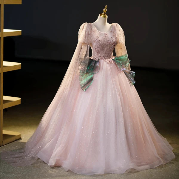 Schöne Rosa Glanz Pailletten Spitze Blumen Ballkleider 2023 Ballkleid Rundhalsausschnitt Lange Ärmel Rückenfreies Lange Ball Festliche Kleider