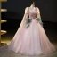 Schöne Rosa Glanz Pailletten Spitze Blumen Ballkleider 2023 Ballkleid Rundhalsausschnitt Lange Ärmel Rückenfreies Lange Ball Festliche Kleider