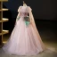 Schöne Rosa Glanz Pailletten Spitze Blumen Ballkleider 2023 Ballkleid Rundhalsausschnitt Lange Ärmel Rückenfreies Lange Ball Festliche Kleider