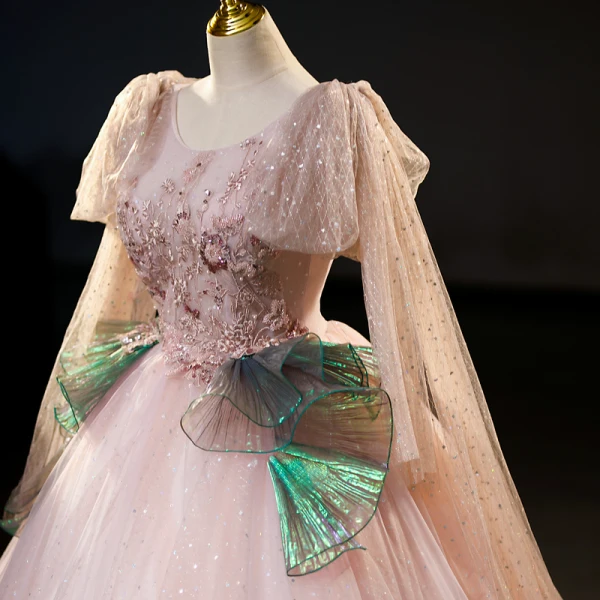 Schöne Rosa Glanz Pailletten Spitze Blumen Ballkleider 2023 Ballkleid Rundhalsausschnitt Lange Ärmel Rückenfreies Lange Ball Festliche Kleider