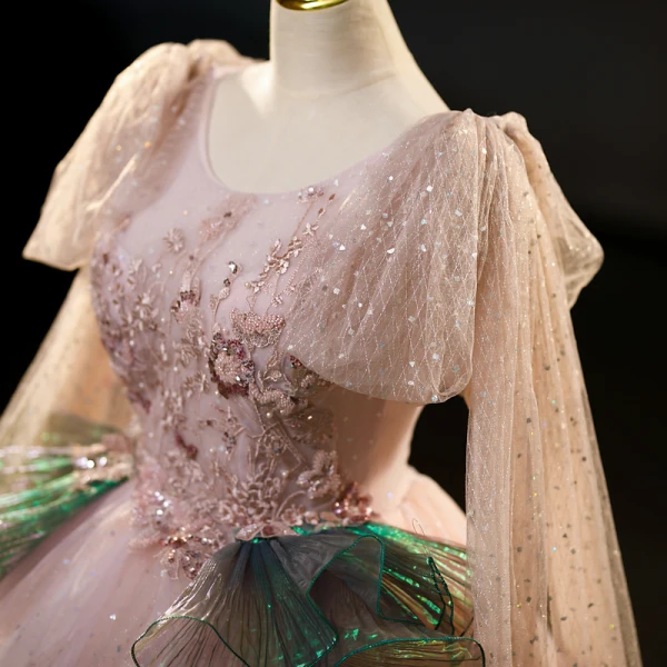 Schöne Rosa Glanz Pailletten Spitze Blumen Ballkleider 2023 Ballkleid Rundhalsausschnitt Lange Ärmel Rückenfreies Lange Ball Festliche Kleider
