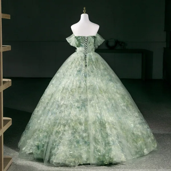 Chic / Belle Vert Cendré Perle Appliques Robe De Bal 2026 Robe Boule De l'épaule Manches Courtes Dos Nu Longue Robe De Ceremonie