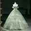 Chic / Belle Vert Cendré Perle Appliques Robe De Bal 2026 Robe Boule De l'épaule Manches Courtes Dos Nu Longue Robe De Ceremonie