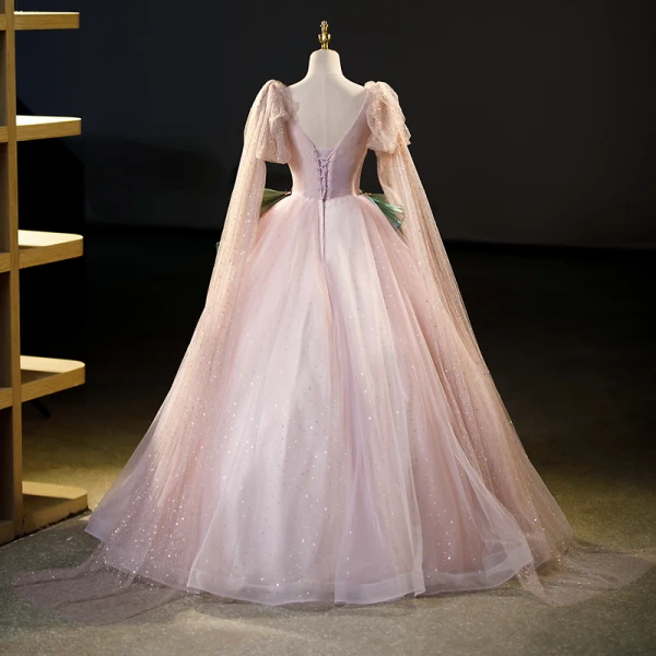 Schöne Rosa Glanz Pailletten Spitze Blumen Ballkleider 2023 Ballkleid Rundhalsausschnitt Lange Ärmel Rückenfreies Lange Ball Festliche Kleider