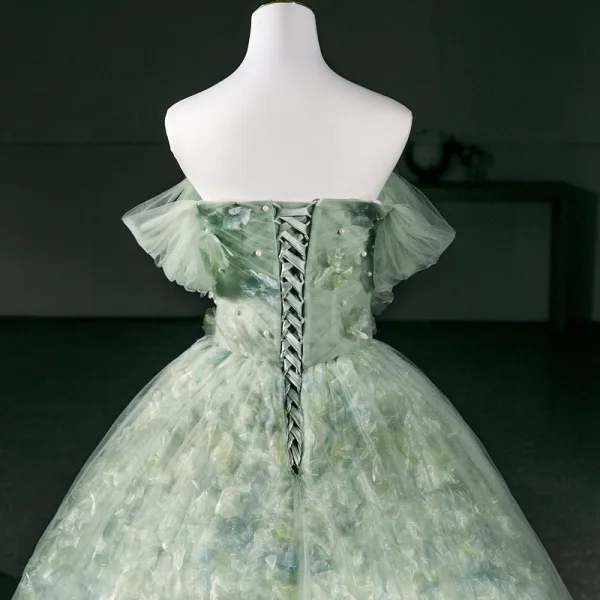 Chic / Belle Vert Cendré Perle Appliques Robe De Bal 2026 Robe Boule De l'épaule Manches Courtes Dos Nu Longue Robe De Ceremonie