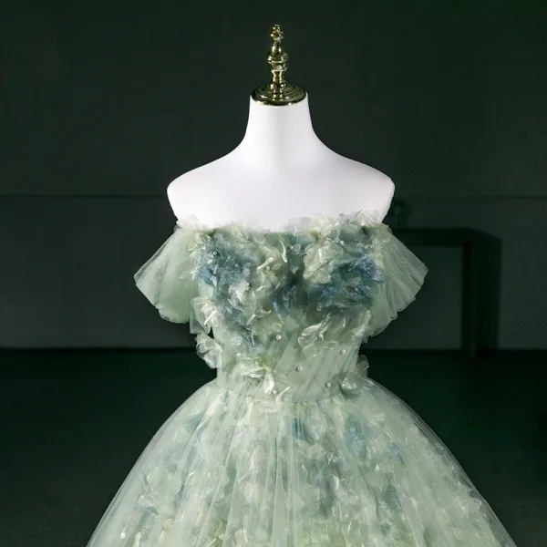 Chic / Belle Vert Cendré Perle Appliques Robe De Bal 2026 Robe Boule De l'épaule Manches Courtes Dos Nu Longue Robe De Ceremonie