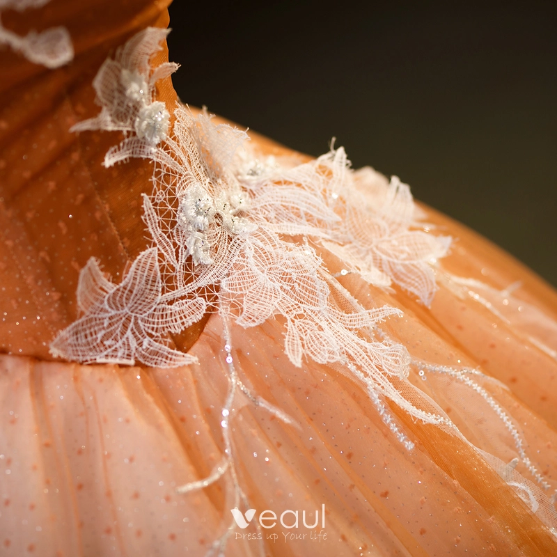 Chic / Beautiful Orange Beading Sequins Lace Flower Prom Dresses 2023 Ball  Gown Square Neckline Sleeveless Backless Floor-Length / Long Prom Formal  Dresses