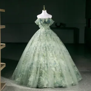Chic Beautiful Sage Green Pearl Appliques Prom Dresses 2026 Ball Gown Off The Shoulder Short Sleeve Backless Floor Length Long Formal Dresses